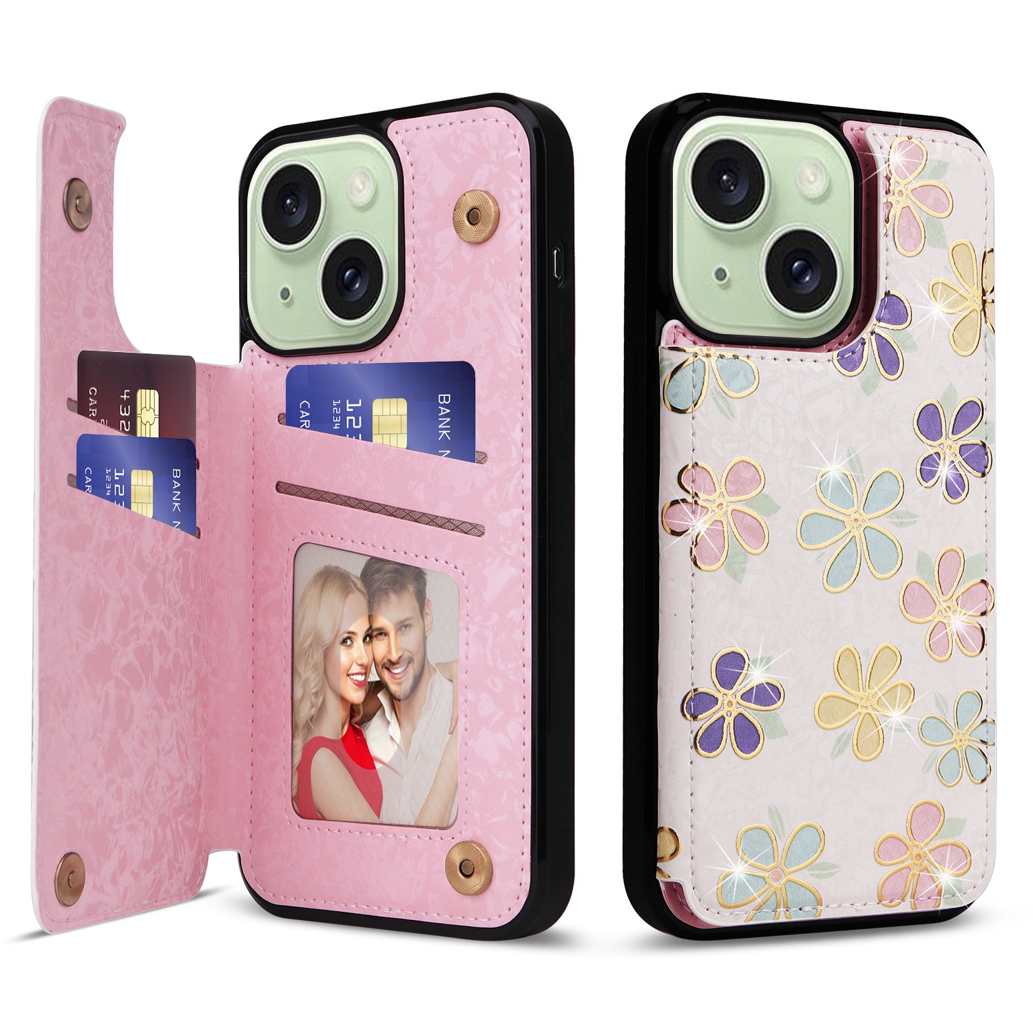 For iPhone 15 Plus Case Kickstand Flower Printed Shockproof Phone Case with Card Slot For iPhone 15 Plus Case Kickstand Flower Printed Shockproof Phone Case with Card Slot